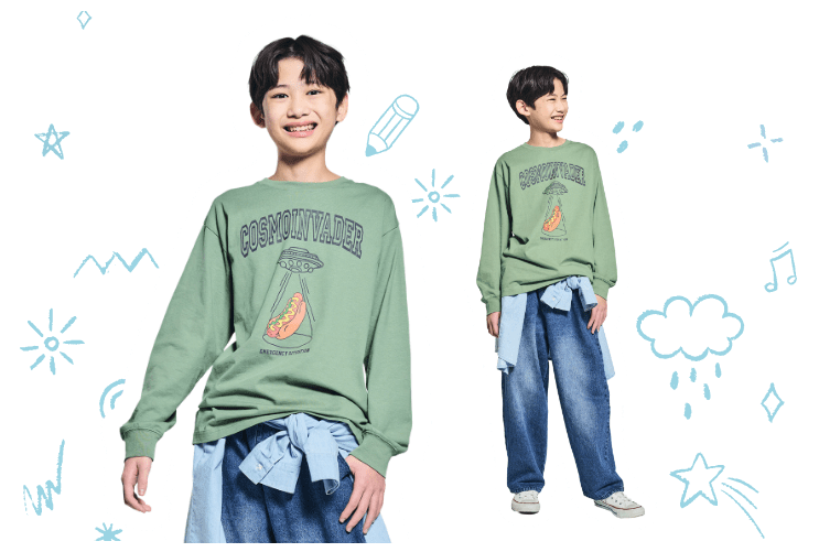 フードプリント ロングスリーブTシャツ 着用画像